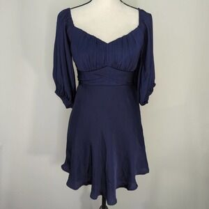 Here Comes the Sun Navy Satin Babydoll Empire Waist Puff Sleeve Mini Dress MED